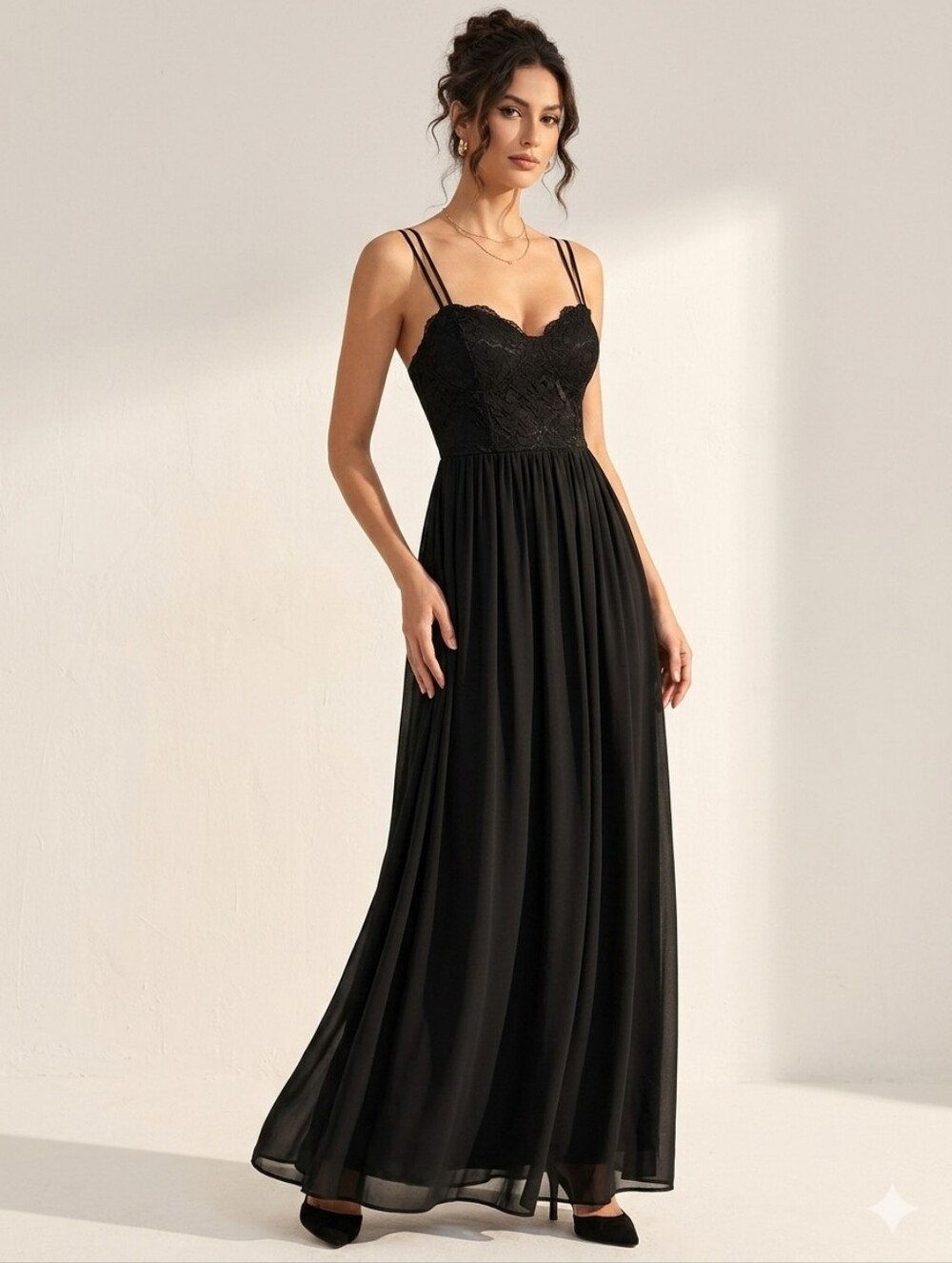 Black Lace Bustier Maxi Dress with Spaghetti Straps